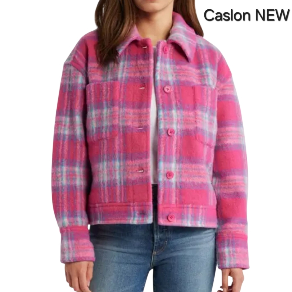 Caslon Women's Vibrant Pink Plaid Teddy Jacket
